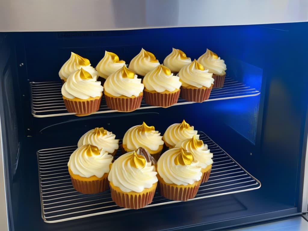  A minimalist, ultradetailed image of a sleek, stainless steel convection oven with a digital display panel, showcasing a perfectly baked batch of golden cupcakes with frosting swirls on top, sitting on a wire rack inside. The lighting is soft, highlighting the textures of the cupcakes and the reflective surface of the oven, creating a modern and professional aesthetic. hyperrealistic, full body, detailed clothing, highly detailed, cinematic lighting, stunningly beautiful, intricate, sharp focus, f/1. 8, 85mm, (centered image composition), (professionally color graded), ((bright soft diffused light)), volumetric fog, trending on instagram, trending on tumblr, HDR 4K, 8K