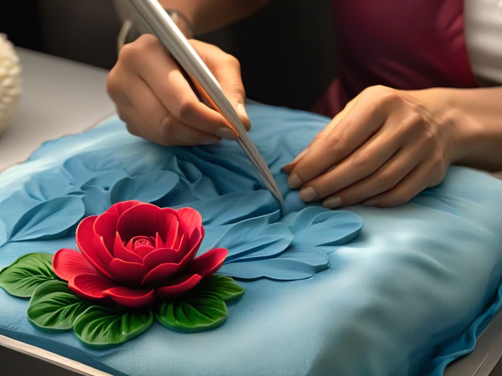  A closeup, photorealistic image of a skilled sugar artist delicately sculpting a detailed and intricate sugar flower. The artist's hands are in focus, showcasing the meticulous craftsmanship and artistry involved in creating sugar sculptures. The vibrant colors of the sugar paste and the precise tools used for sculpting are prominently featured, highlighting the intricate process of crafting sugar art. hyperrealistic, full body, detailed clothing, highly detailed, cinematic lighting, stunningly beautiful, intricate, sharp focus, f/1. 8, 85mm, (centered image composition), (professionally color graded), ((bright soft diffused light)), volumetric fog, trending on instagram, trending on tumblr, HDR 4K, 8K