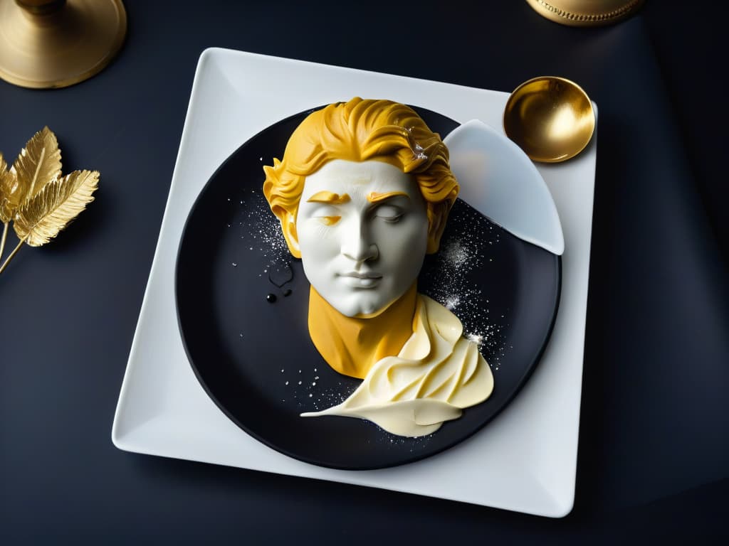  An ultradetailed, 8k resolution image showcasing a minimalist dessert plate inspired by Michelangelo's "David." The dessert features a delicate white chocolate sculpture of the iconic figure, intricately detailed with edible gold leaf accents. The plate is elegantly presented on a sleek black backdrop, emphasizing the artistry and sophistication of the dessert inspired by the renowned masterpiece. hyperrealistic, full body, detailed clothing, highly detailed, cinematic lighting, stunningly beautiful, intricate, sharp focus, f/1. 8, 85mm, (centered image composition), (professionally color graded), ((bright soft diffused light)), volumetric fog, trending on instagram, trending on tumblr, HDR 4K, 8K