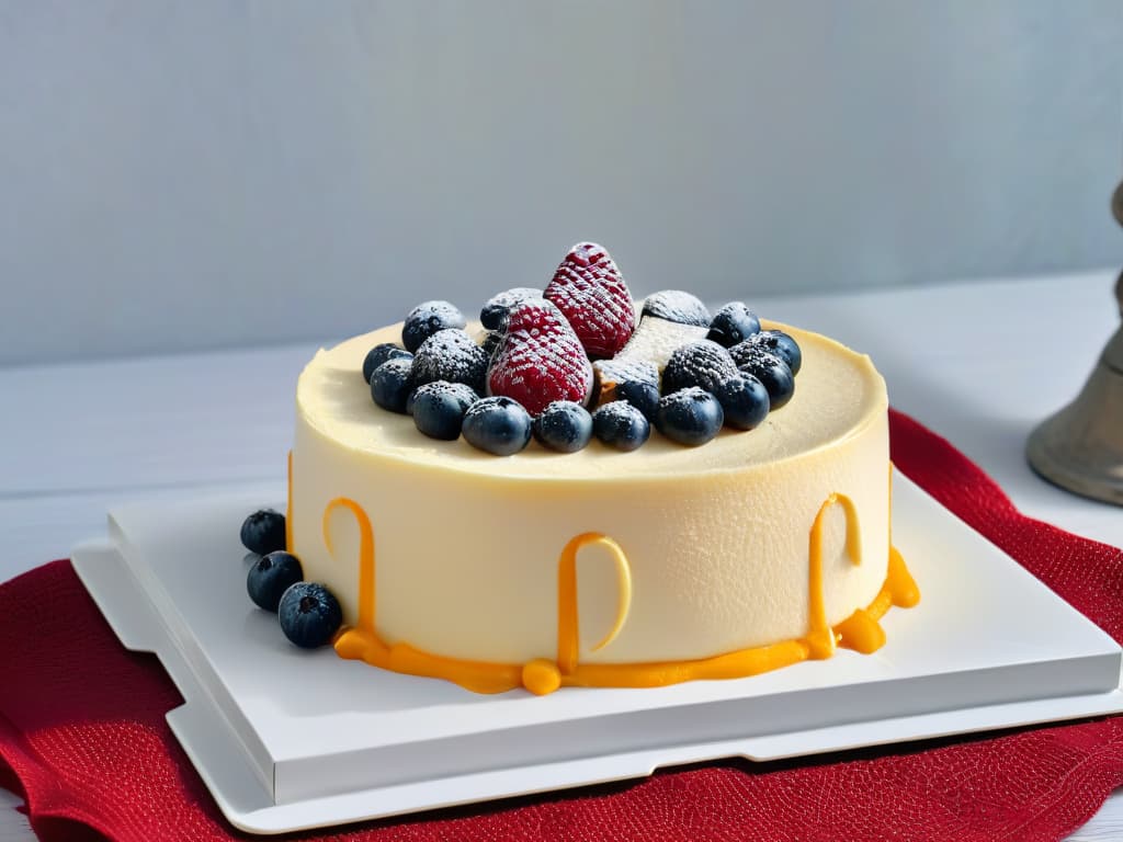  A closeup, ultradetailed image of a decadent cheesecake with a perfectly smooth surface, adorned with fresh berries glistening under soft lighting. The creamy texture of the cheesecake is visible, showcasing the intricate swirls and layers within, creating a mouthwatering visual feast that captures the essence of exotic cheeses in pastry artistry. hyperrealistic, full body, detailed clothing, highly detailed, cinematic lighting, stunningly beautiful, intricate, sharp focus, f/1. 8, 85mm, (centered image composition), (professionally color graded), ((bright soft diffused light)), volumetric fog, trending on instagram, trending on tumblr, HDR 4K, 8K