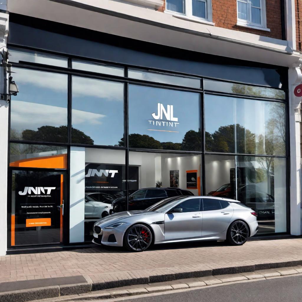  An image of a sleek and modern automotive window tinting business shop front called 'JNL Tint'. The shop front should have large windows with various types of tinted car windows displayed. The sign 'JNL Tint' should be bold and professional, and the overall setting should convey a sense of expertise and quality in automotive window tinting services. hyperrealistic, full body, detailed clothing, highly detailed, cinematic lighting, stunningly beautiful, intricate, sharp focus, f/1. 8, 85mm, (centered image composition), (professionally color graded), ((bright soft diffused light)), volumetric fog, trending on instagram, trending on tumblr, HDR 4K, 8K