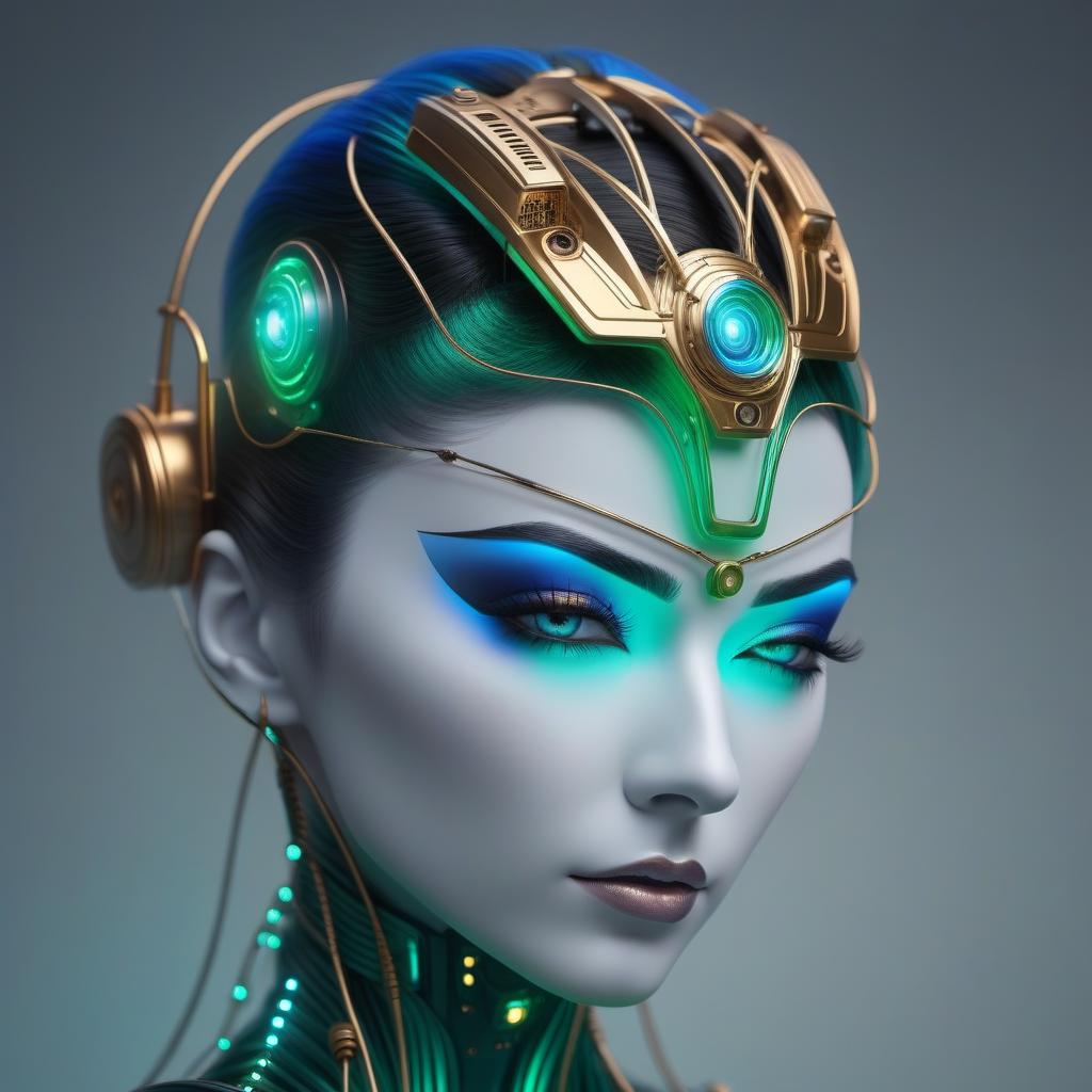  Your Prompt: a beautiful metal girl robot of the future, the wires hang out of her head, with blue green golden glow.Style art hyperrealistic, full body, detailed clothing, highly detailed, cinematic lighting, stunningly beautiful, intricate, sharp focus, f/1. 8, 85mm, (centered image composition), (professionally color graded), ((bright soft diffused light)), volumetric fog, trending on instagram, trending on tumblr, HDR 4K, 8K