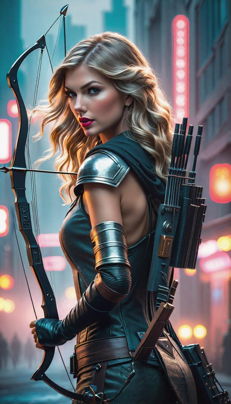  Cyberpunk style depiction of Taylor Swift as an archer. The scene is set in a world where technology has advanced, but society and human conditions have not, creating a gritty, dystopian atmosphere. hyperrealistic, full body, detailed clothing, highly detailed, cinematic lighting, stunningly beautiful, intricate, sharp focus, f/1. 8, 85mm, (centered image composition), (professionally color graded), ((bright soft diffused light)), volumetric fog, trending on instagram, trending on tumblr, HDR 4K, 8K