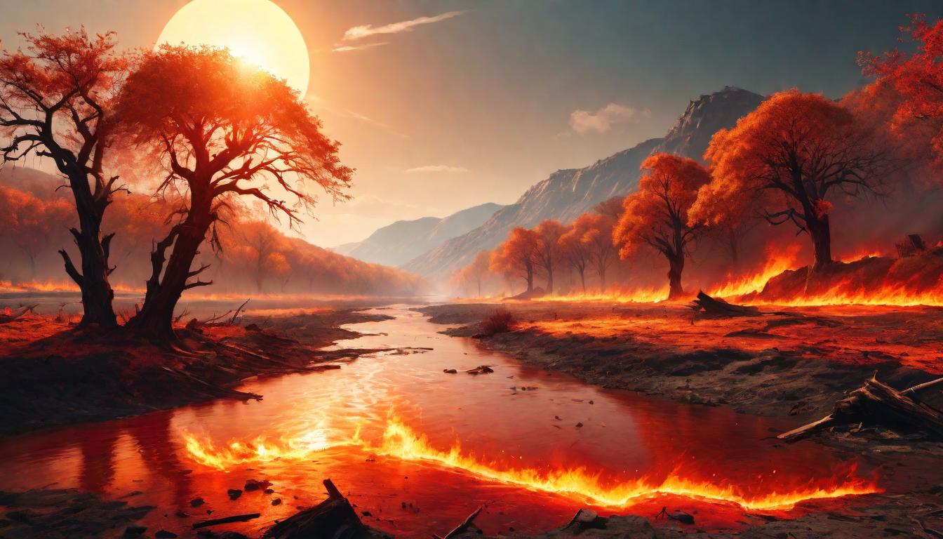  digital illustration Scorched earth and withered trees under a blazing sun, contrasting with a dying river, illustrating climate change and resource depletion, devastating, urgent looking at viewer, dynamic pose, (intricate details, masterpiece, best quality)