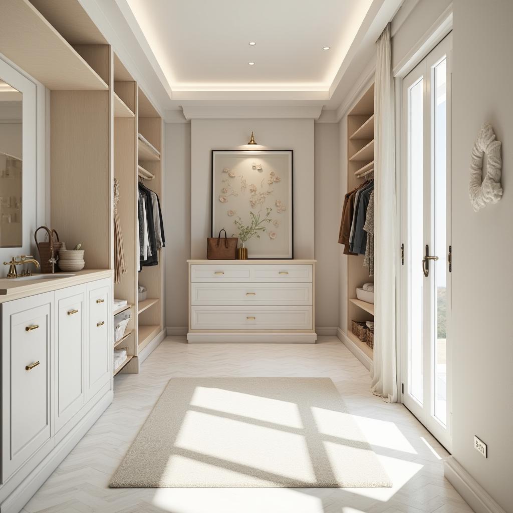  capture a hyperrealistic 8k photograph of a spacious walk in closet, meticulously designed in the ibicenco style, characterized by white washed walls, natural materials, and rustic elegance. styled after mario testino, this image portrays a stunningly beautiful and intricately detailed environment through an establishing shot that shows both the interior and its context. the photograph features bright, soft diffused light with focused lighting enhancements that highlight the dense artisan craftsmanship decorations. it is a professionally color graded, raw, unedited masterpiece, showcasing photorealistic quality and highly detailed visuals that bring this space to life.