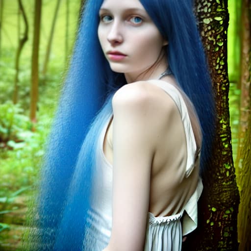  Long blue haired girl in white dress in forest with black crows