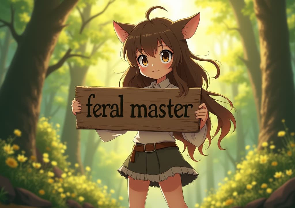  good quality, high quality, an anime style girl with bright, large expressive eyes, holding a wooden signboard that reads 'feral master'. she stands confidently with flowing hair, wearing a simple, yet elegant outfit. the background is a glowing fantasy forest with dappled sunlight. the scene has smooth animation, high detail, and cinematic lighting