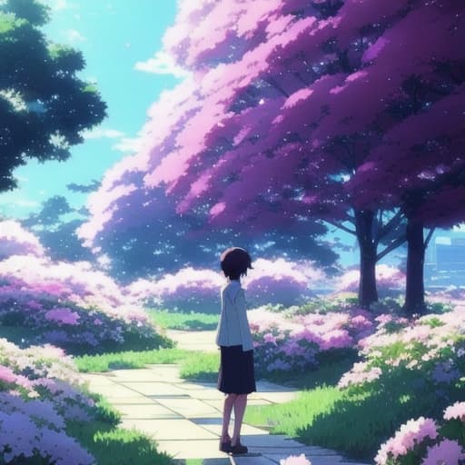  Makoto Shinkai style. dream-like scene. lovely. background flowers