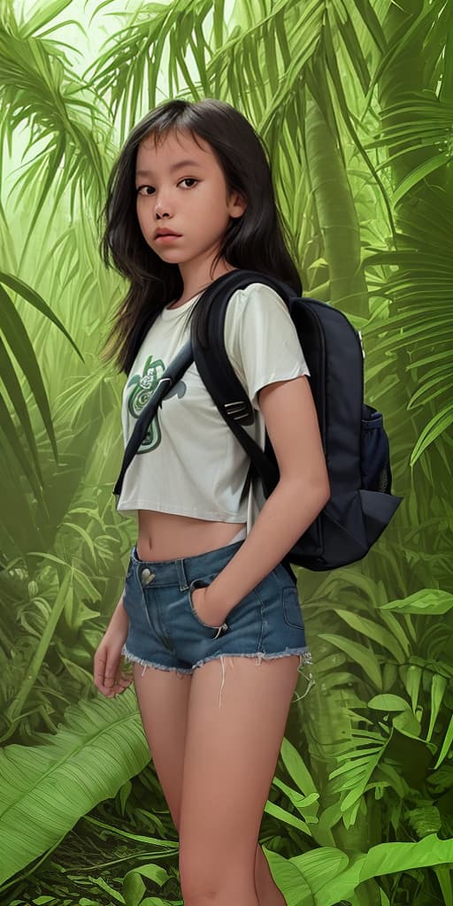  girl-in the jungle, in torn shorts, with a backpack, lost