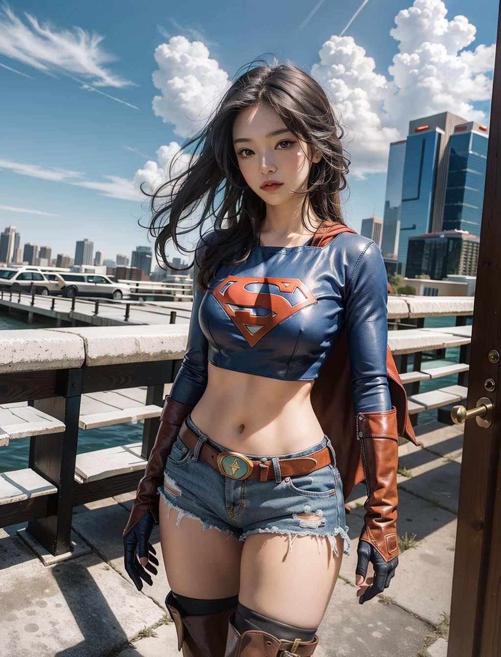  (cowboy shot),SFW,(masterpiece),(best quality:1.0),(ultra highres:1.0),detailed eyes,Supergirl,1girl,long hair,Hair band,crop top,dolphin shorts,gloves,boots,(clouds,city),(stunning view)