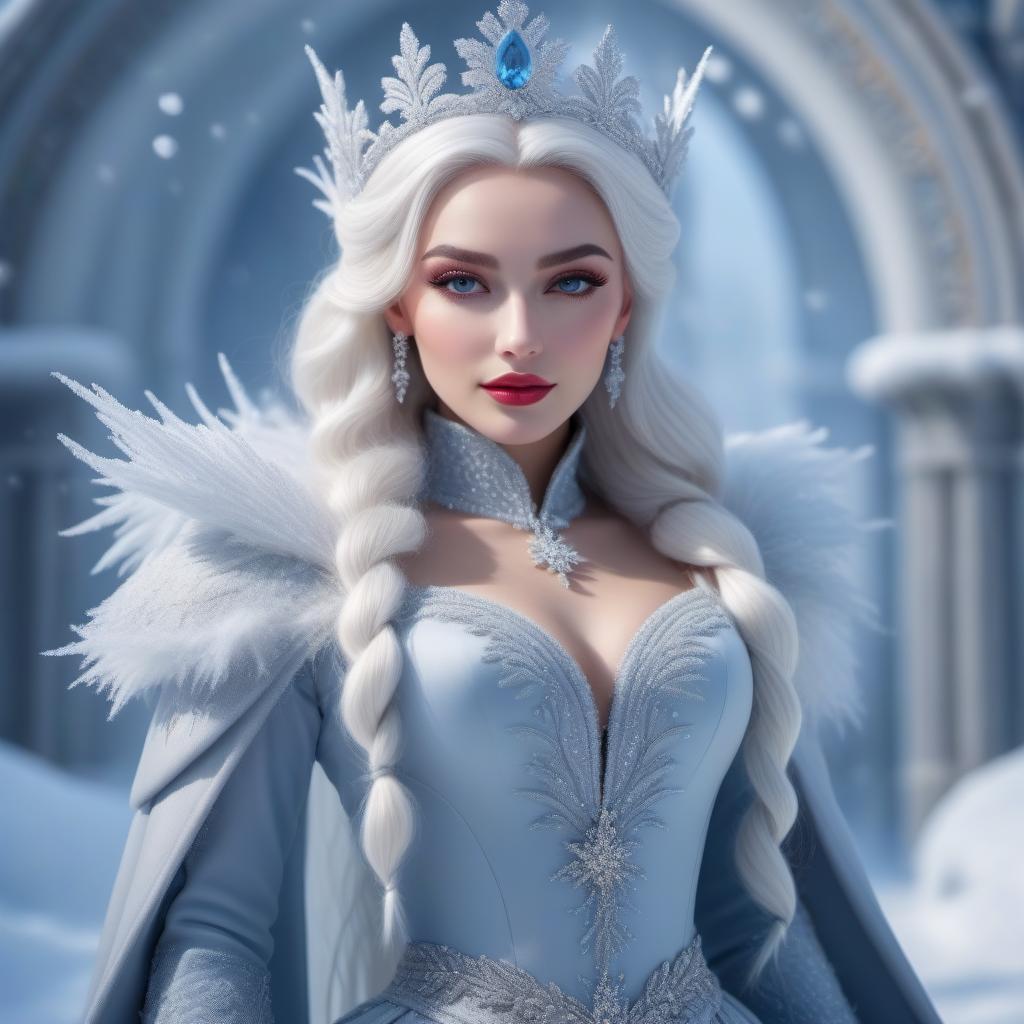  A beautiful girl in a suite of the Snow Queen.Realism hyperrealistic, full body, detailed clothing, highly detailed, cinematic lighting, stunningly beautiful, intricate, sharp focus, f/1. 8, 85mm, (centered image composition), (professionally color graded), ((bright soft diffused light)), volumetric fog, trending on instagram, trending on tumblr, HDR 4K, 8K