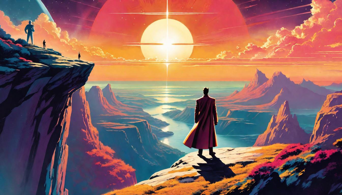  retro futuristic Person standing on a cliff overlooking a dawn breaking over the planet, hands outstretched towards the rising sun, embodying readiness and transformation. Dawn of a new age, anticipation, alignment with cosmic shifts. lvintage sci fi, 50s and 60s style, atomic age, vibrant, highly detailed