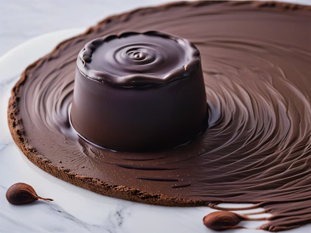  An ultradetailed closeup image of perfectly tempered dark chocolate being poured in a thin stream over a glossy marble surface, capturing the smooth, shiny texture and the intricate swirls forming as the chocolate cools and sets. The rich, deep brown color of the chocolate contrasts beautifully against the pristine white marble, highlighting the precision and artistry involved in the tempering process. hyperrealistic, full body, detailed clothing, highly detailed, cinematic lighting, stunningly beautiful, intricate, sharp focus, f/1. 8, 85mm, (centered image composition), (professionally color graded), ((bright soft diffused light)), volumetric fog, trending on instagram, trending on tumblr, HDR 4K, 8K