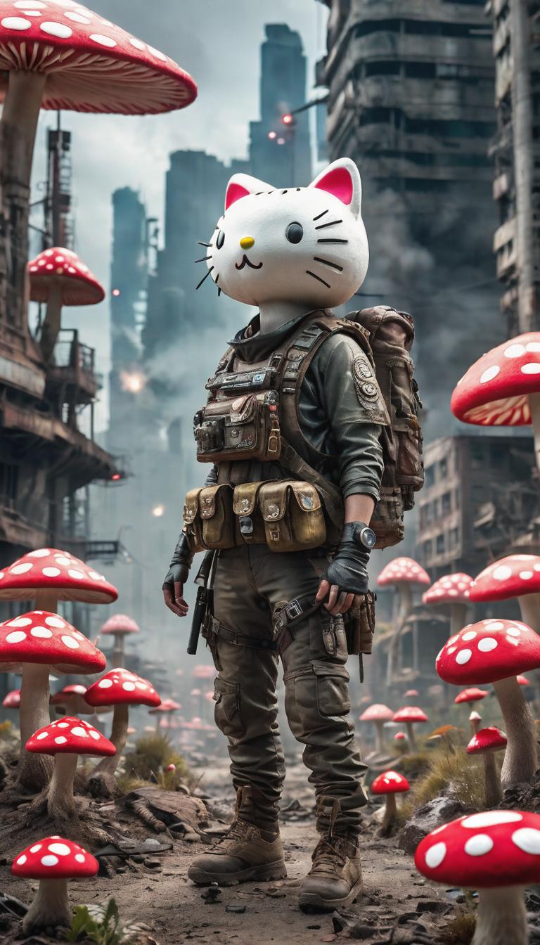  Post apocalyptic style depiction of Hellokitty shrooms . Futuristic, technological, survival in the wasteland, desolate cities, and the resilience and survival instincts of humanity theme. hyperrealistic, full body, detailed clothing, highly detailed, cinematic lighting, stunningly beautiful, intricate, sharp focus, f/1. 8, 85mm, (centered image composition), (professionally color graded), ((bright soft diffused light)), volumetric fog, trending on instagram, trending on tumblr, HDR 4K, 8K