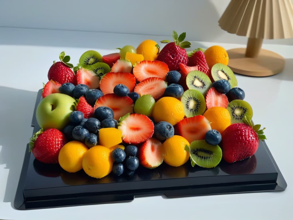  A closeup, ultradetailed image of a selection of colorful, glossy frutas confitadas arranged in an elegant, minimalist pattern on a sleek, matte black platter. Each fruit is perfectly coated in a thin, crystalclear glaze that reflects the soft, ambient lighting, showcasing their exquisite craftsmanship and vibrant colors. The composition is carefully balanced, with the frutas confitadas artfully placed to create a visually striking and luxurious aesthetic that conveys a sense of gourmet quality and sophistication. hyperrealistic, full body, detailed clothing, highly detailed, cinematic lighting, stunningly beautiful, intricate, sharp focus, f/1. 8, 85mm, (centered image composition), (professionally color graded), ((bright soft diffused light)), volumetric fog, trending on instagram, trending on tumblr, HDR 4K, 8K