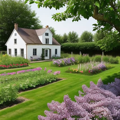  A farmhouse with a lilac growing over it and a cherry orchard and a raised vegetable garden bed