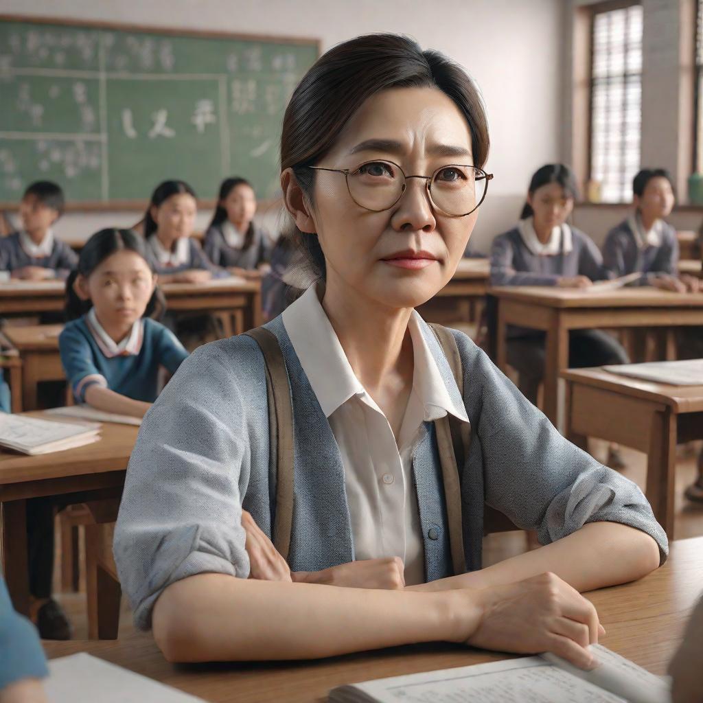  Masterpiece, best quality, masterpiece,8k resolution, realistic, highly detailed, close-up. Gao Haiyan, a teacher in her 40s, stood foolishly at the classroom door, staring blankly at her students