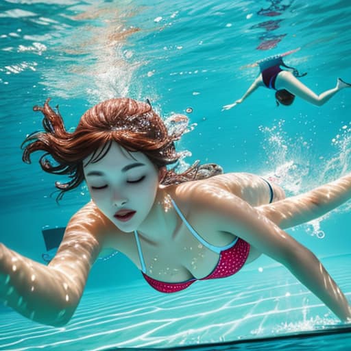  Beautiful women swimming in water,