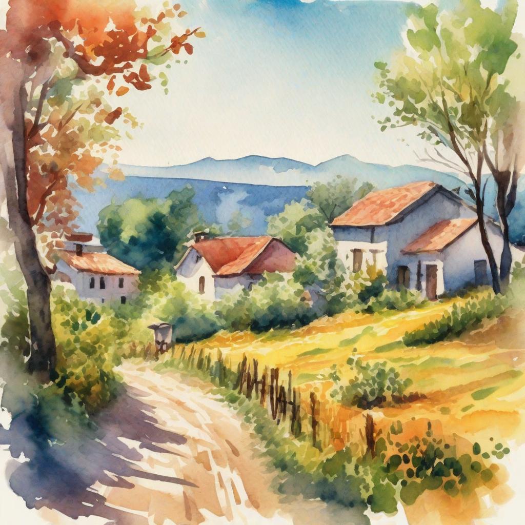  Prompt: Watercolor, landscape, rural setting, focused on a traditional village, captured with a vintage film camera, impressionist style, vibrant colors, high resolution.