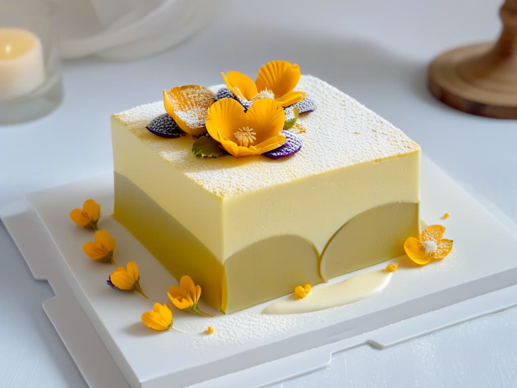  A closeup, ultradetailed image of a delicate, intricately designed pastry that seamlessly combines traditional elements like flaky layers and rich custard with modern twists such as edible flowers and gold leaf accents. The pastry sits on a sleek, minimalist plate against a soft, blurred background, highlighting every minute detail from the expertly crafted folds to the shimmering decorations. The lighting is soft yet focused, enhancing the texture and colors of the dessert, creating a visually stunning and appetizing composition that embodies the fusion of traditional and contemporary pastry trends. hyperrealistic, full body, detailed clothing, highly detailed, cinematic lighting, stunningly beautiful, intricate, sharp focus, f/1. 8, 85mm, (centered image composition), (professionally color graded), ((bright soft diffused light)), volumetric fog, trending on instagram, trending on tumblr, HDR 4K, 8K