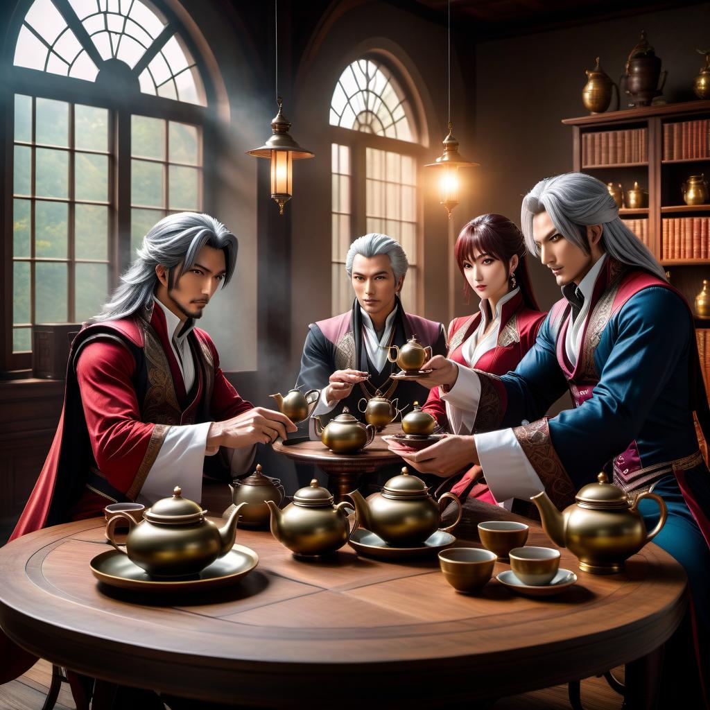  anime artwork Poster, 4 magicians with tea, tea table, misty Albion, fantasy style, middle age, magician, 4k . anime style, key visual, vibrant, studio anime, highly detailed hyperrealistic, full body, detailed clothing, highly detailed, cinematic lighting, stunningly beautiful, intricate, sharp focus, f/1. 8, 85mm, (centered image composition), (professionally color graded), ((bright soft diffused light)), volumetric fog, trending on instagram, trending on tumblr, HDR 4K, 8K