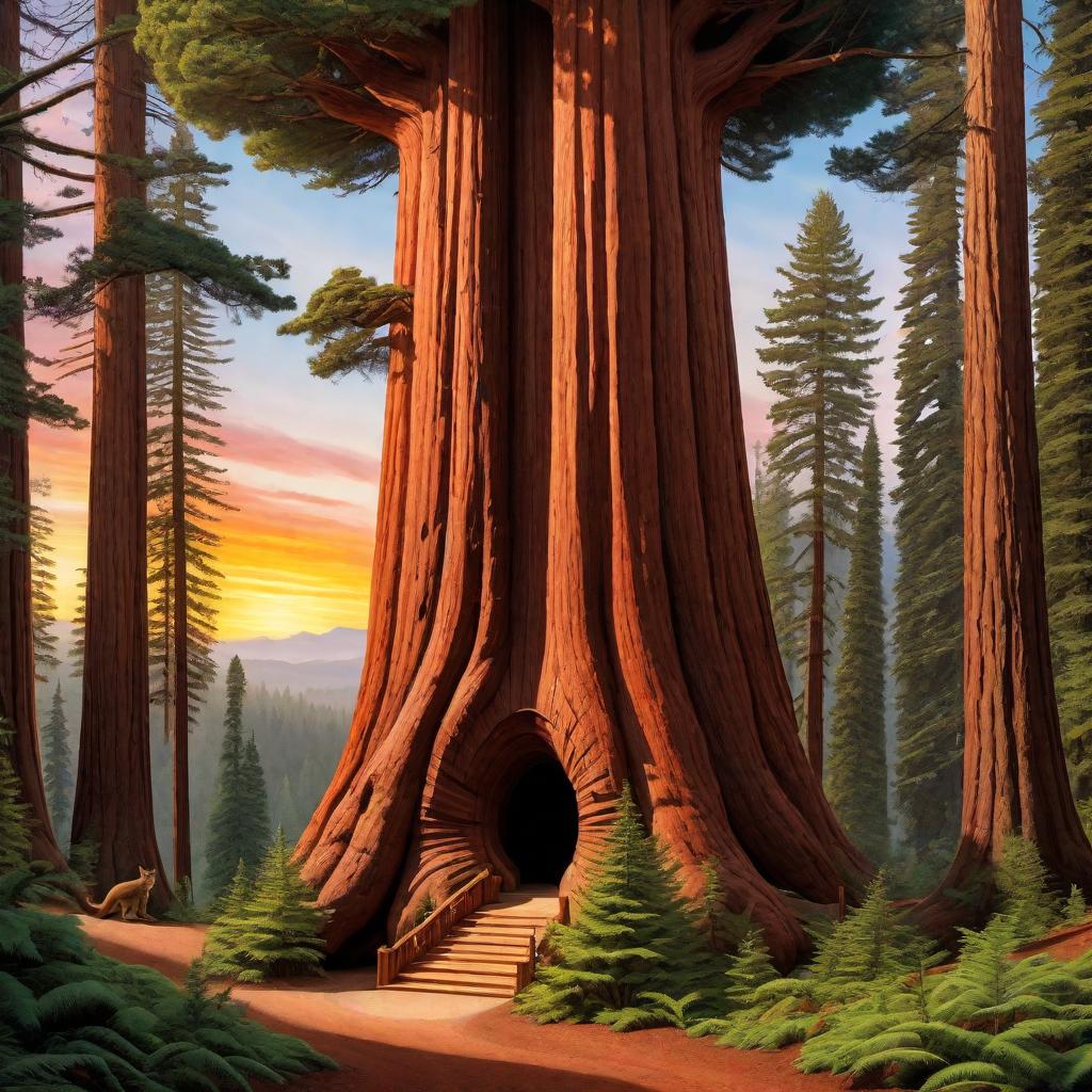  Create a detailed and artistic image depicting a colossal redwood tree situated in a forest. The upper reaches of the tree should be open enough to reveal a stunning skyline colored by the warm hues of sunset. At the base of the tree, we see an entrance to a burrow, carved by industrious squirrels seeking refuge and making a home within the protection offered by the tree's vast roots. Near this entrance, a brown bear stands on its hind legs, growling in a menacing posture directed towards the inhabitants of the burrow. Complement this scene with a family of five squirrels; they should appear alert and ready to defend their home, adding a dynamic sense of interaction between the forest creatures. hyperrealistic, full body, detailed clothing, highly detailed, cinematic lighting, stunningly beautiful, intricate, sharp focus, f/1. 8, 85mm, (centered image composition), (professionally color graded), ((bright soft diffused light)), volumetric fog, trending on instagram, trending on tumblr, HDR 4K, 8K