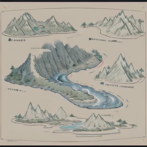  could you please draw a crude map following these features?

The mountains would be depicted as relatively smooth, curving lines with triangular peaks. The lines would be uniform in thickness, lacking the intricate details that a human may include.

The vegetation in the valleys and foothills would be simplified as well, with repetitive shapes that suggest trees, but without much defining detail. The symbols for caves and caverns would be basic and standardized, consisting of small dots or circles with simple, jagged outlines.

The rivers and streams would be represented as straight or slightly curving lines, devoid of any meandering or natural irregularities that are common in real water bodies. They would be uniform in thickness, lacking 