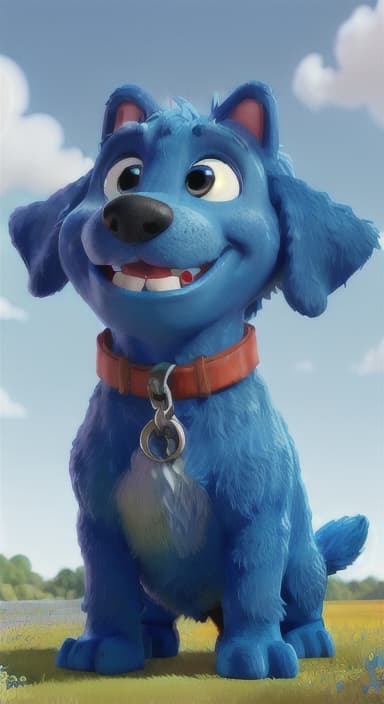  {A happy, big blue dog wagging its tail in a colorful meadow, The big blue dog is large with sky blue fur, big round eyes, a black nose, and floppy ears.