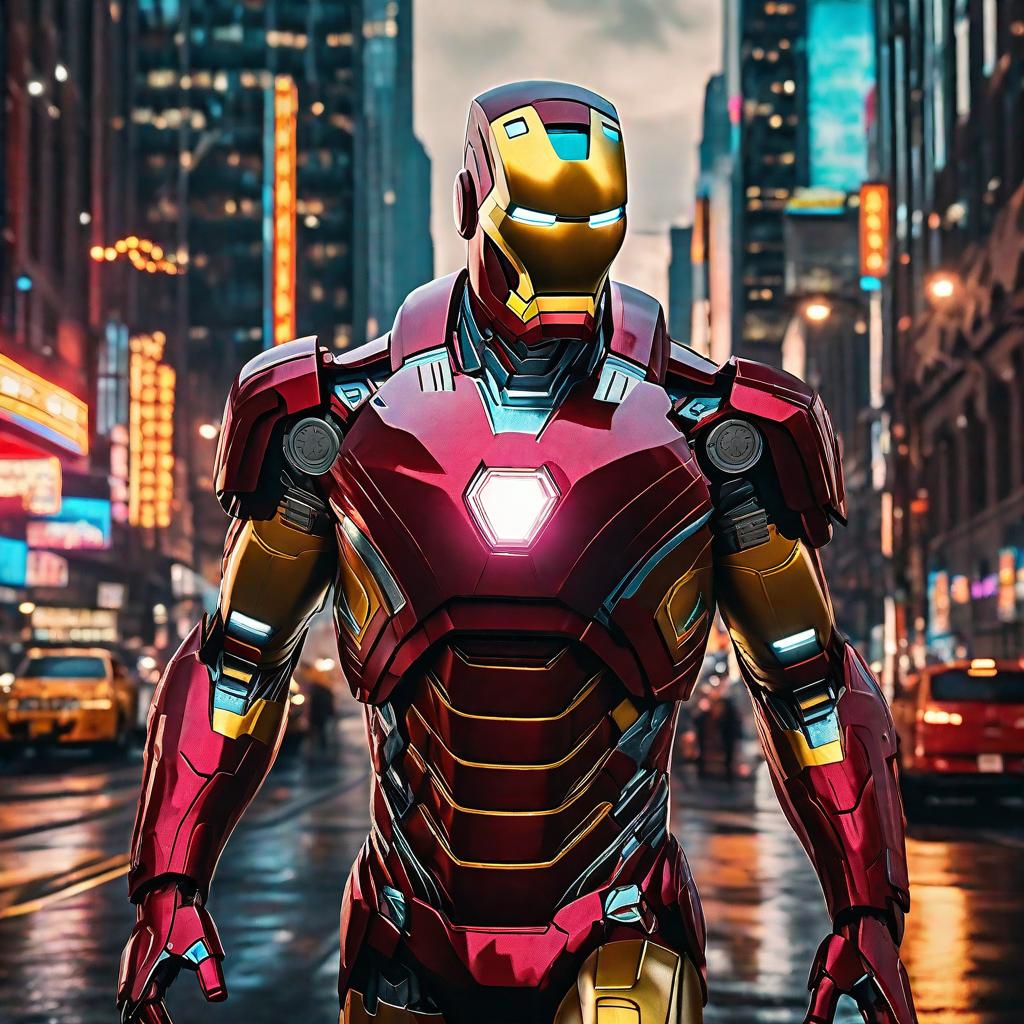  masterpiece, best quality, masterpiece, 8k resolution, realistic, highly detailed, Iron Man close-up. He stands on a street lined with tall buildings in a cyberpunk style city at night. The city's night lights are bright, and the surrounding buildings and streets are full of cyberpunk elements such as neon lights, high-tech equipment and futuristic architectural design.