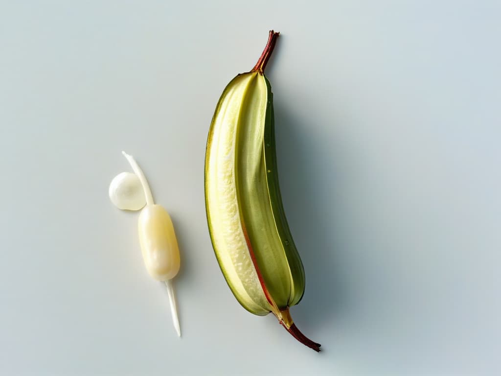  An intricately detailed closeup of a vanilla bean pod split open, showcasing the tiny, flavorful seeds inside against a backdrop of soft, diffused natural light. The image captures the rich texture of the pod's exterior, the glossy sheen of the seeds, and the subtle interplay of light and shadow, evoking a sense of natural beauty and culinary sophistication. hyperrealistic, full body, detailed clothing, highly detailed, cinematic lighting, stunningly beautiful, intricate, sharp focus, f/1. 8, 85mm, (centered image composition), (professionally color graded), ((bright soft diffused light)), volumetric fog, trending on instagram, trending on tumblr, HDR 4K, 8K