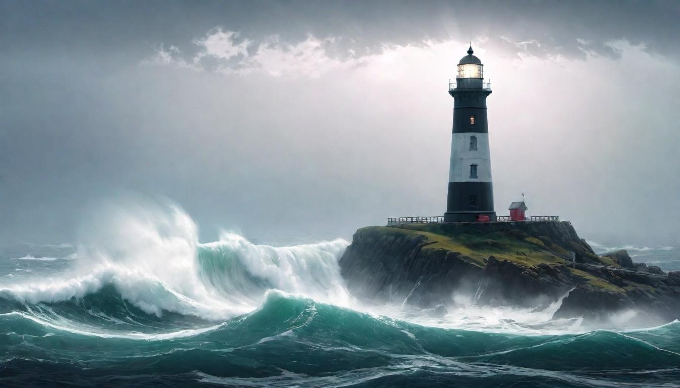  digital illustration A lighthouse, its beam cutting through fog to reveal a path over tumultuous seas, standing tall as a metaphorical beacon of hope and restoration, guiding light, resilient looking at viewer, dynamic pose, (intricate details, masterpiece, best quality)