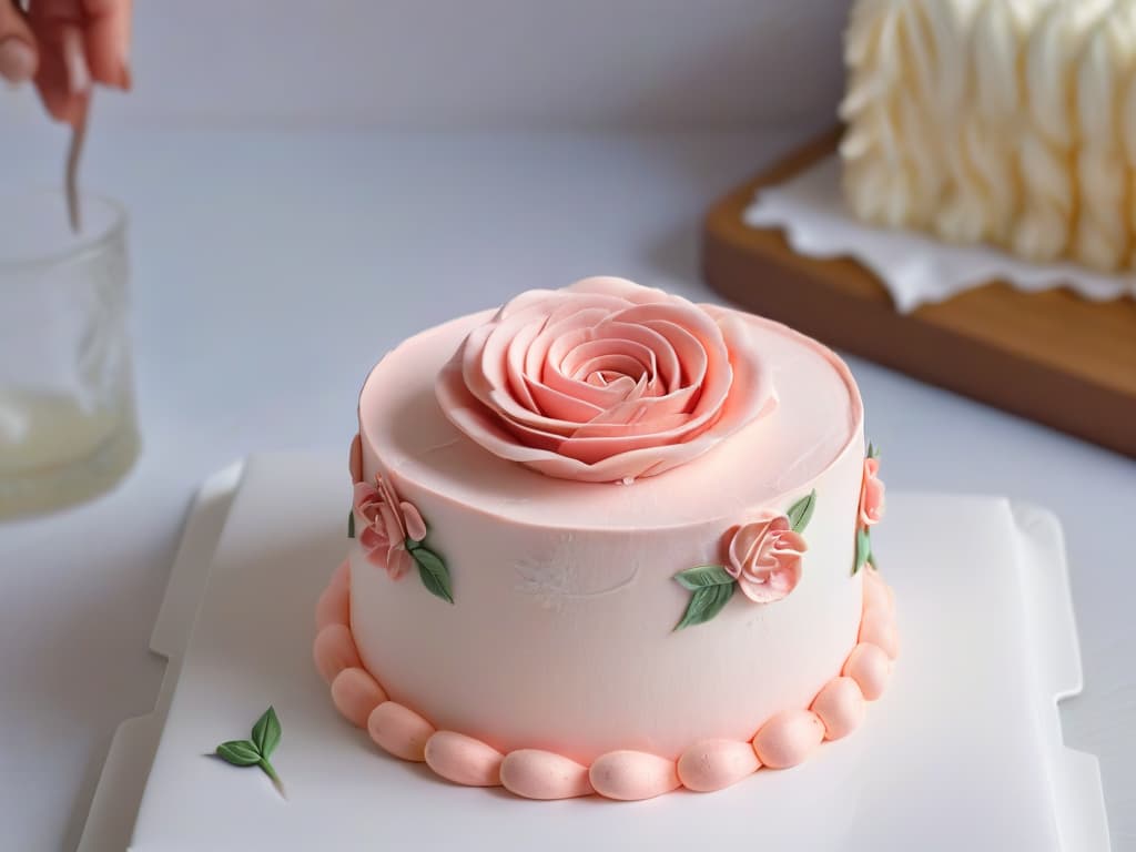  An ultradetailed closeup image of a pair of hands meticulously shaping a small delicate rose out of pastel pink fondant, showcasing the intricate details and skill involved in fondant cake decoration. The hands are elegantly poised, with soft natural light highlighting the textures and colors of the fondant, creating a serene and inspiring scene for beginners to aspire to in their cake decorating journey. hyperrealistic, full body, detailed clothing, highly detailed, cinematic lighting, stunningly beautiful, intricate, sharp focus, f/1. 8, 85mm, (centered image composition), (professionally color graded), ((bright soft diffused light)), volumetric fog, trending on instagram, trending on tumblr, HDR 4K, 8K