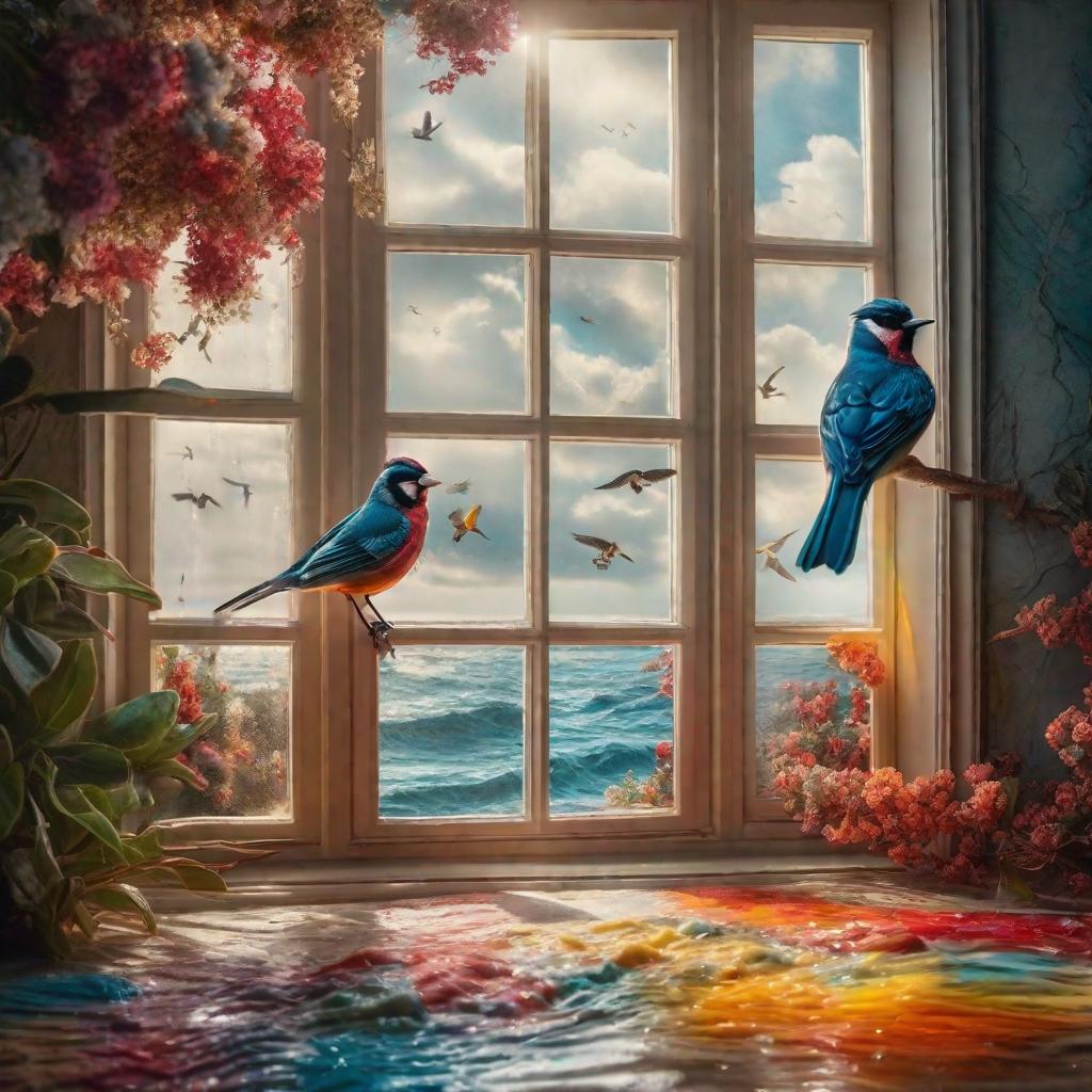  colorful paint pouring onto canvas birds ocean through window hyperrealistic, full body, detailed clothing, highly detailed, cinematic lighting, stunningly beautiful, intricate, sharp focus, f/1. 8, 85mm, (centered image composition), (professionally color graded), ((bright soft diffused light)), volumetric fog, trending on instagram, trending on tumblr, HDR 4K, 8K