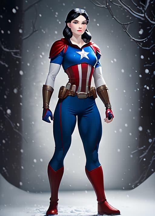  Create a full-body image of Snow White, maintaining her original clothing, but altering her body frame to resemble Captain America's male physique. Ensure the transformation is seamless and realistic, blending Snow White's classic attire with the muscular build of Captain America. Capture the essence of both characters in a single cohesive image.