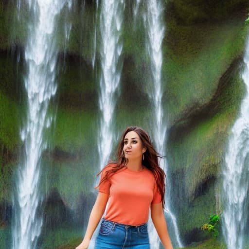 portrait+ style mujer madura voluptuosa en jeans, en una vista panorámica de una cascada