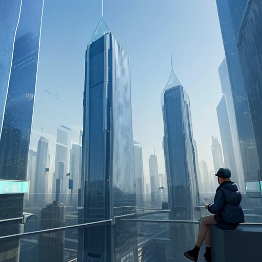  Draw a futuristic city where everyone wears transparent clothing, like a screen. Tall buildings stand, vehicles fly through the air,