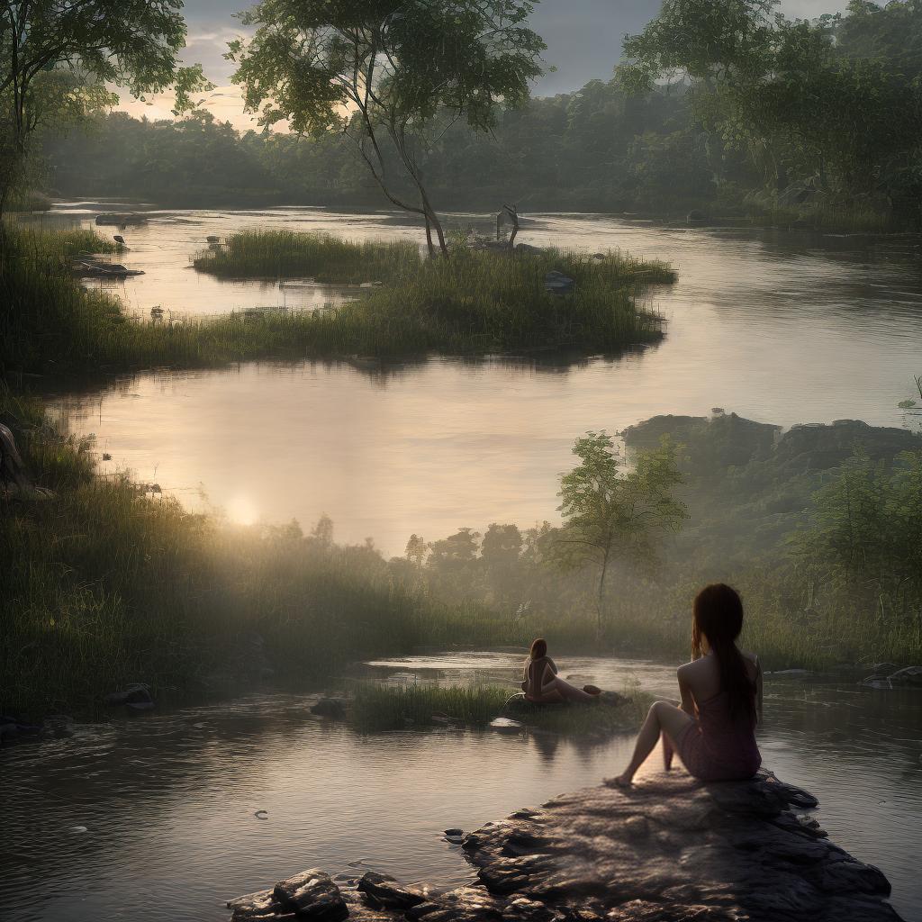 redshift style river side sitting girl thinking with sun set