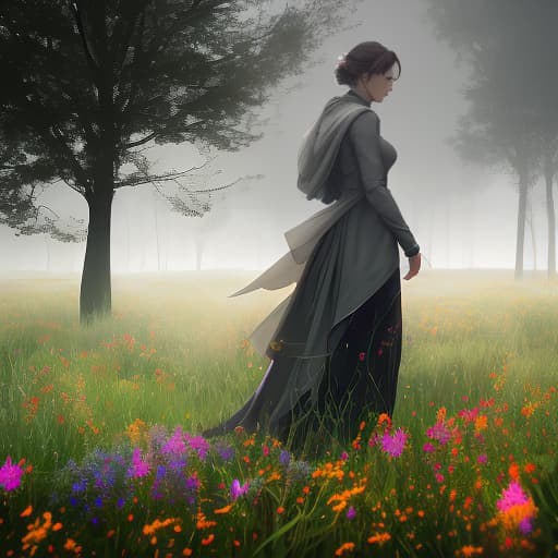  Thunderstorm, dynamic lighting, field of flowers, a woman with a cat on her shoulder, the wind shakes the leaves of trees and tall grass. hyperrealistic, full body, detailed clothing, highly detailed, cinematic lighting, stunningly beautiful, intricate, sharp focus, f/1. 8, 85mm, (centered image composition), (professionally color graded), ((bright soft diffused light)), volumetric fog, trending on instagram, trending on tumblr, HDR 4K, 8K