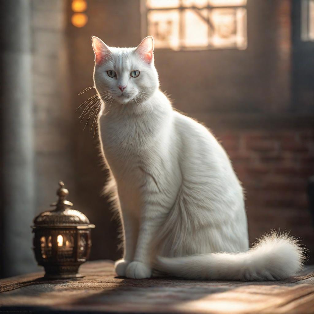  The White Cat hyperrealistic, full body, detailed clothing, highly detailed, cinematic lighting, stunningly beautiful, intricate, sharp focus, f/1. 8, 85mm, (centered image composition), (professionally color graded), ((bright soft diffused light)), volumetric fog, trending on instagram, trending on tumblr, HDR 4K, 8K