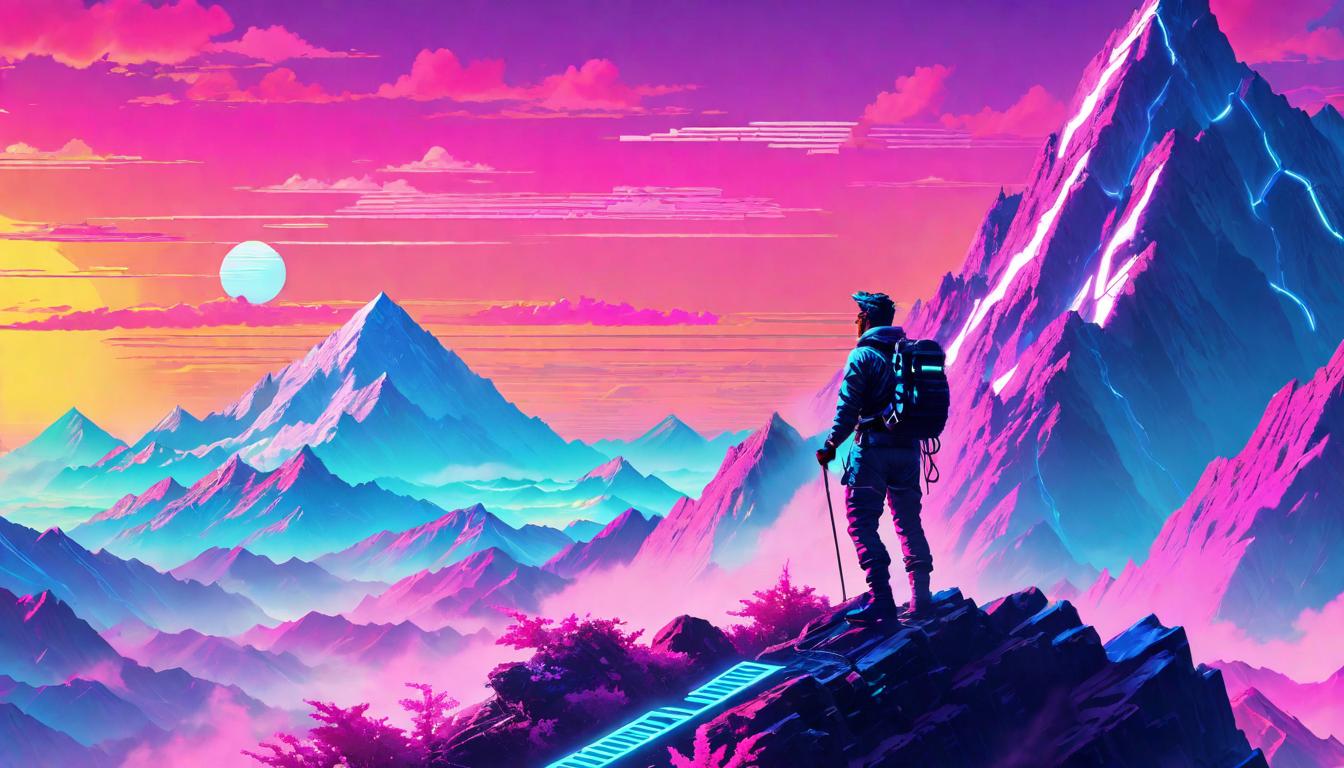  vaporwave,cyberpunk game style A climber reaching the peak of a mountain at sunrise, representing the enhancement of life's capacity through self care, accomplished, vibranteon, dystopian, futuristic, digital, vibrant, detailed, high contrast, reminiscent of cyberpunk genre video games,retro aesthetic, cyberpunk, vibrant, neon colors, vintage 80s and 90s style, highly detailed