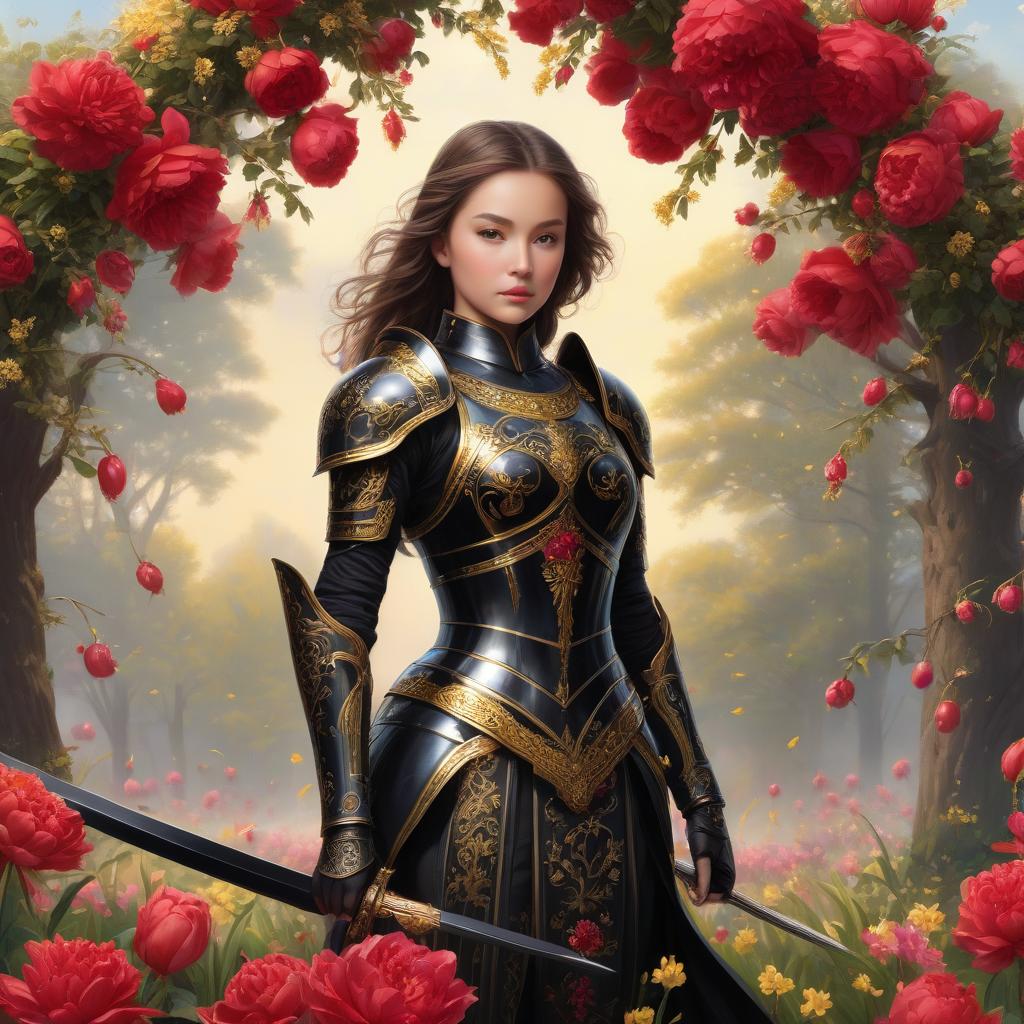  A girl in armor. A black sword with gold details. Fire. The rigor of the lines. Power. The sword gives off electric shocks. Highly detailed, highly detailed, highly detailed image and all details. ((Sparkling rim)): spring field, hyacinths, roses, rosehips, rose hips, peonies, cherry tree, yellow, red, black flowers, forget me nots. Nature in the background, spring, delight. Luxury, richness. High quality. Swarovski, pandora. The Emerald Palace, the towers. Holobue sky. Golden spires, Gothic style. Fantasy, fairy tale. Poppy field in front of palace. Emerald stones, Green Alley.Luxury, wealth. spring field, hyacinths, roses, rosehips, rose hips, peonies, cherry tree, yellow, red, black flowers, forget me nots. Honoré Fargonard, Alfonso M hyperrealistic, full body, detailed clothing, highly detailed, cinematic lighting, stunningly beautiful, intricate, sharp focus, f/1. 8, 85mm, (centered image composition), (professionally color graded), ((bright soft diffused light)), volumetric fog, trending on instagram, trending on tumblr, HDR 4K, 8K