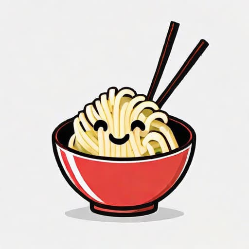  Draw a smiling bowl of noodles with chopsticks poking out of it. The bowl can have a happy face and the noodles can be illustrated in a way that makes them look appetizing and tempting. Keep the design clean, simple, and welcoming to convey a friendly and inviting atmosphere. ((for a logo)), minimalistic, vector illustration, (simple), (white background), no background, for a company, strong color contrast