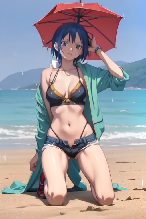  Nami from one piece tweaking in the rain on a beach, full body