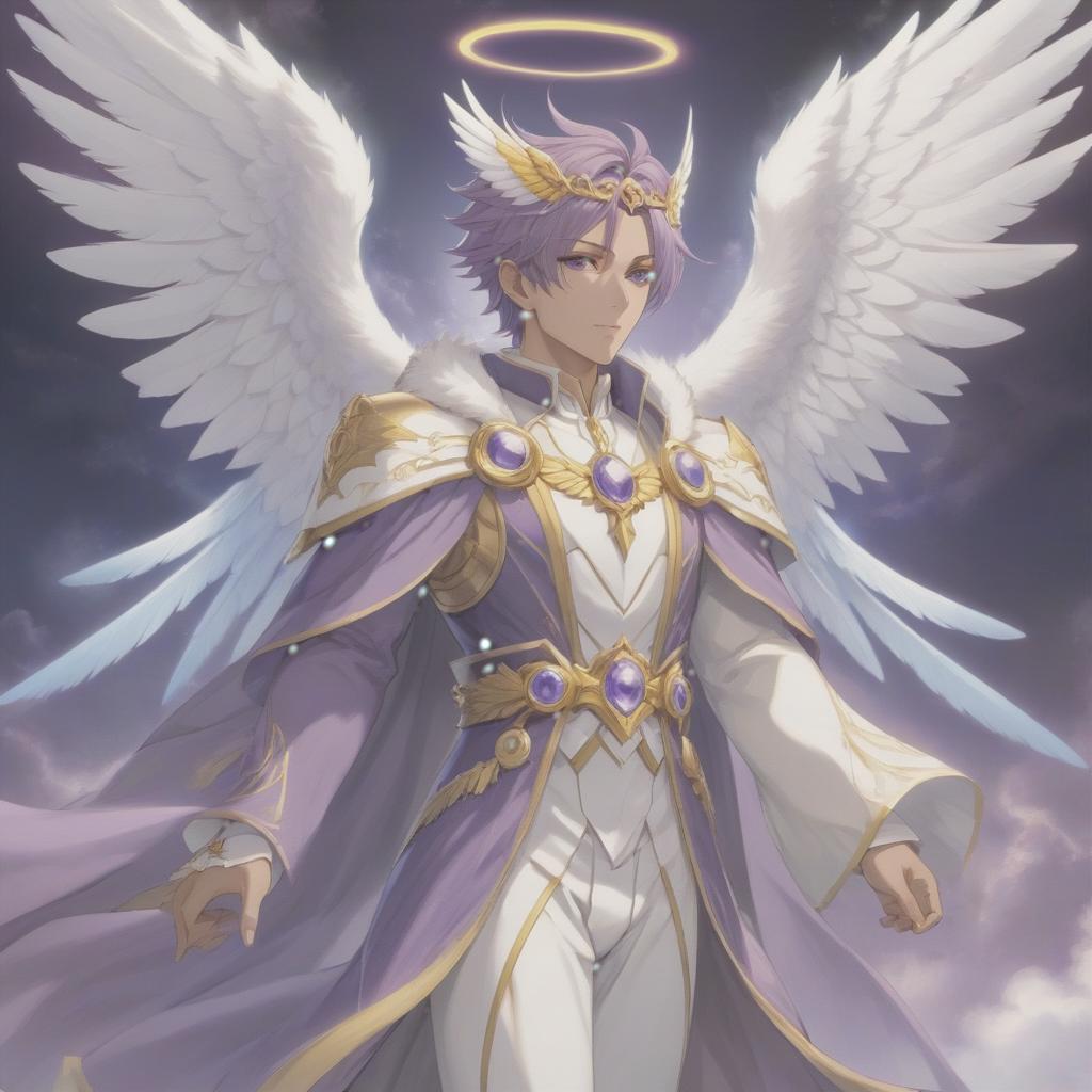  A man with a gentle expression on his face. His eyes are expressive: the color starting from violet to yellow, and his hair is pastel reddish purple. He is the incarnation of harmony and order. His outfit is in a classic style with white and blue tones. Soft angelic wings, a halo in cloud like textures. hyperrealistic, full body, detailed clothing, highly detailed, cinematic lighting, stunningly beautiful, intricate, sharp focus, f/1. 8, 85mm, (centered image composition), (professionally color graded), ((bright soft diffused light)), volumetric fog, trending on instagram, trending on tumblr, HDR 4K, 8K