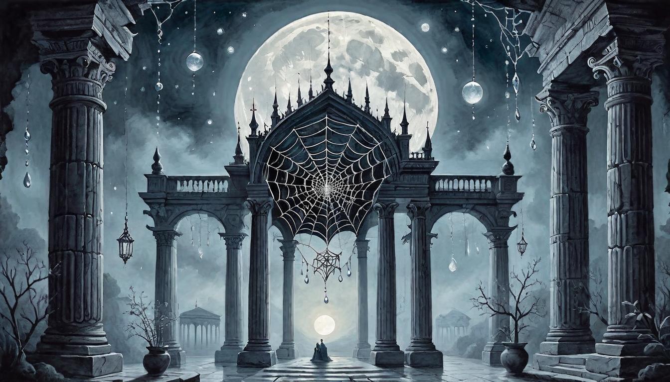  on parchment, surrealism+++, A spider web spanning between ancient columns under a full moon, dewdrops reflecting like jewels, intricate patterns of connection and control, elegance and entrapment(mysterious, provocative, symbolic,muted color)+++