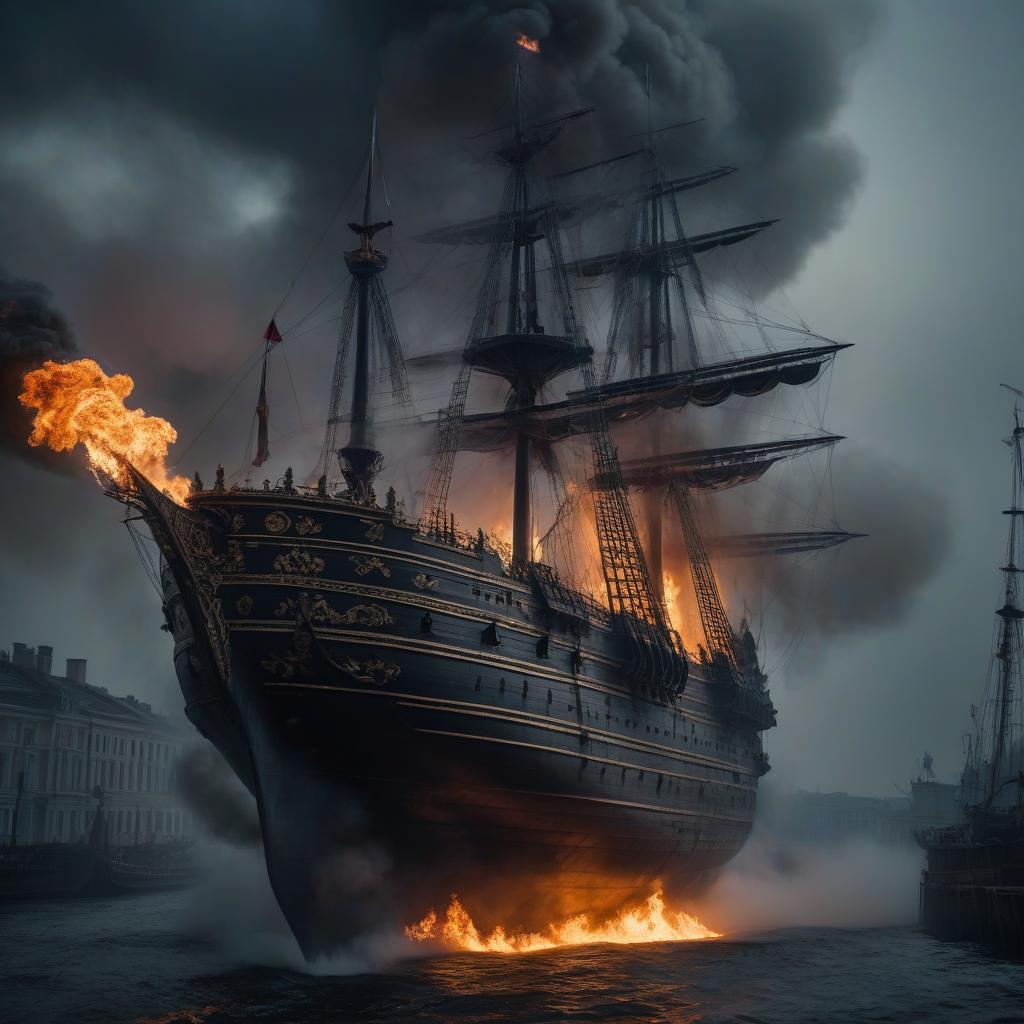  gothic style Kiev Rusian ship is on fire. . dark, mysterious, haunting, dramatic, ornate, detailed hyperrealistic, full body, detailed clothing, highly detailed, cinematic lighting, stunningly beautiful, intricate, sharp focus, f/1. 8, 85mm, (centered image composition), (professionally color graded), ((bright soft diffused light)), volumetric fog, trending on instagram, trending on tumblr, HDR 4K, 8K