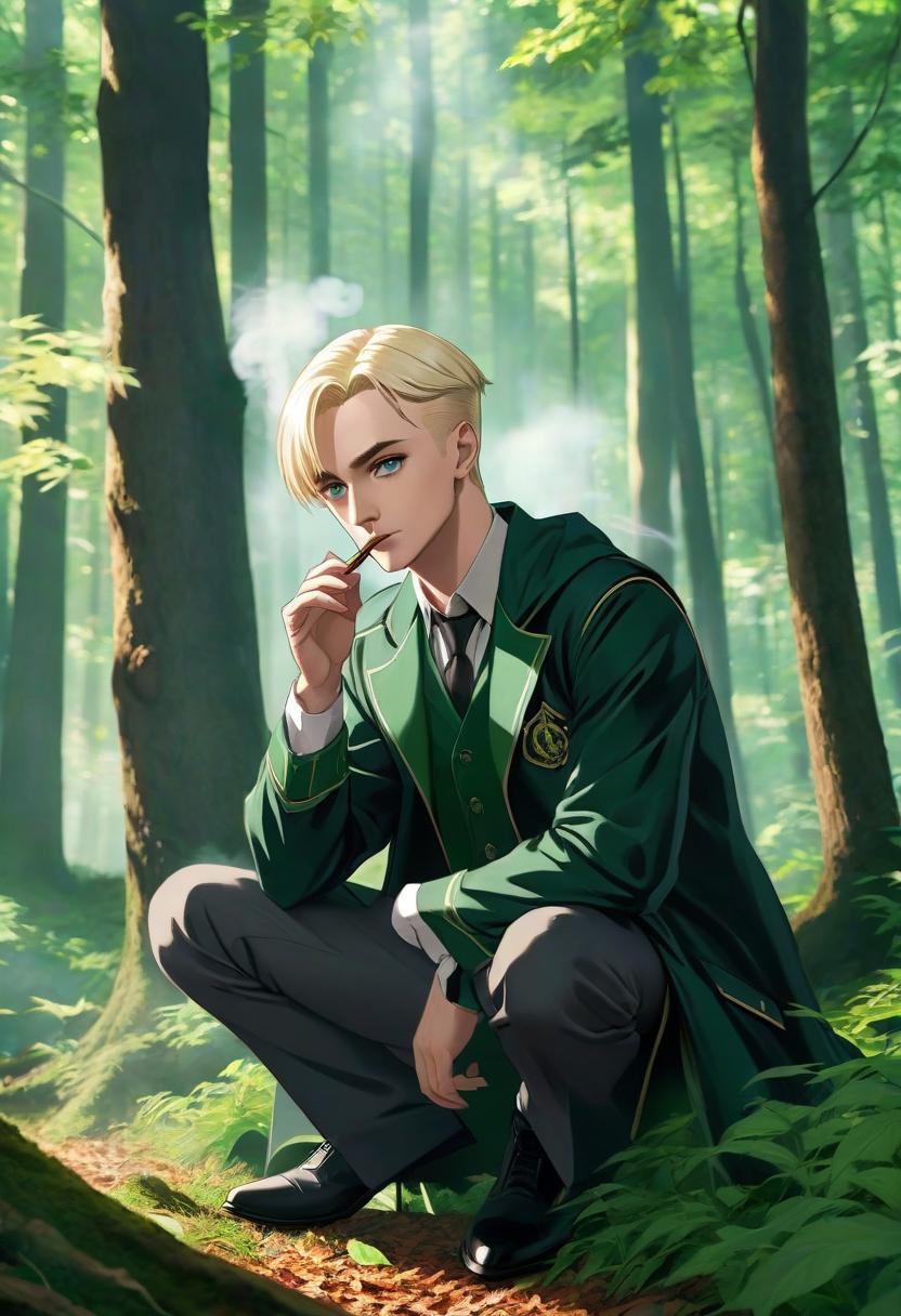  anime artwork A young man resembling Draco Malfoy with sunken cheeks, white, brushed back hair, and dark green eyes, smokes a cigar in the woods. . anime style, key visual, vibrant, studio anime, highly detailed hyperrealistic, full body, detailed clothing, highly detailed, cinematic lighting, stunningly beautiful, intricate, sharp focus, f/1. 8, 85mm, (centered image composition), (professionally color graded), ((bright soft diffused light)), volumetric fog, trending on instagram, trending on tumblr, HDR 4K, 8K