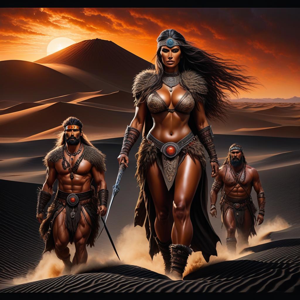  Two barbarian cyclops have caught a beautiful captive and are leading her across the black sand of the Karekano desert to their lair. a painting in the style of the artist Boris Valeggio hyperrealistic, full body, detailed clothing, highly detailed, cinematic lighting, stunningly beautiful, intricate, sharp focus, f/1. 8, 85mm, (centered image composition), (professionally color graded), ((bright soft diffused light)), volumetric fog, trending on instagram, trending on tumblr, HDR 4K, 8K