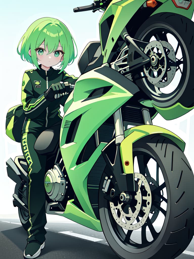  Motorcycle green hair character, masterpiece, best quality,8k,ultra detailed,high resolution,an extremely delicate and beautiful,hyper detail