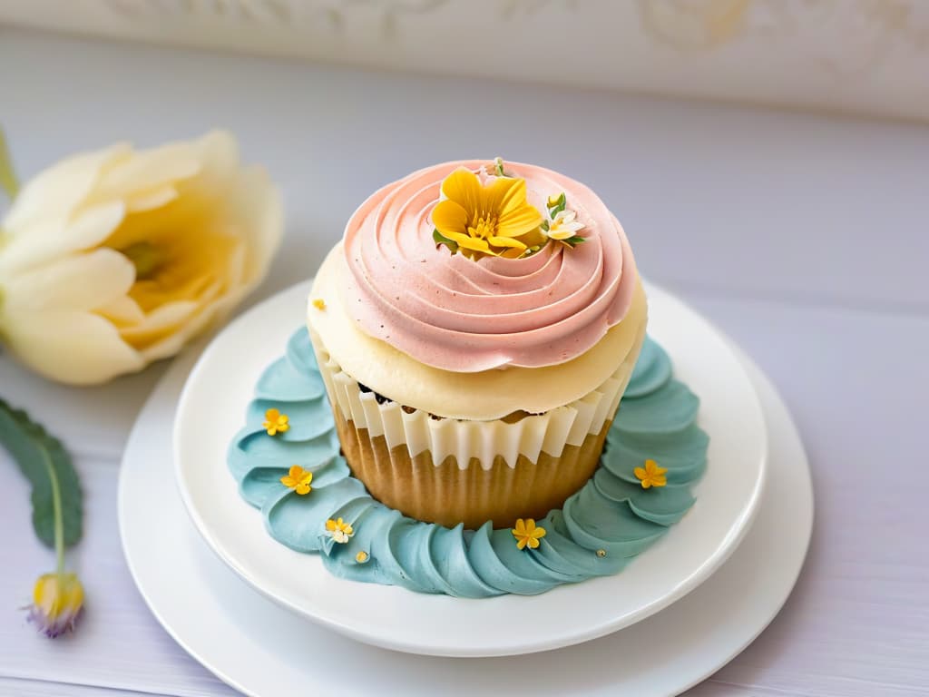  A closeup, ultradetailed image of a beautifully decorated vegan cupcake, showcasing intricate swirls of pastelcolored vegan buttercream frosting adorned with delicate edible flowers and shimmering gold leaf accents. The cupcake is placed on a sleek, white ceramic plate, set against a soft, neutraltoned backdrop to emphasize its elegant and artistic presentation. hyperrealistic, full body, detailed clothing, highly detailed, cinematic lighting, stunningly beautiful, intricate, sharp focus, f/1. 8, 85mm, (centered image composition), (professionally color graded), ((bright soft diffused light)), volumetric fog, trending on instagram, trending on tumblr, HDR 4K, 8K